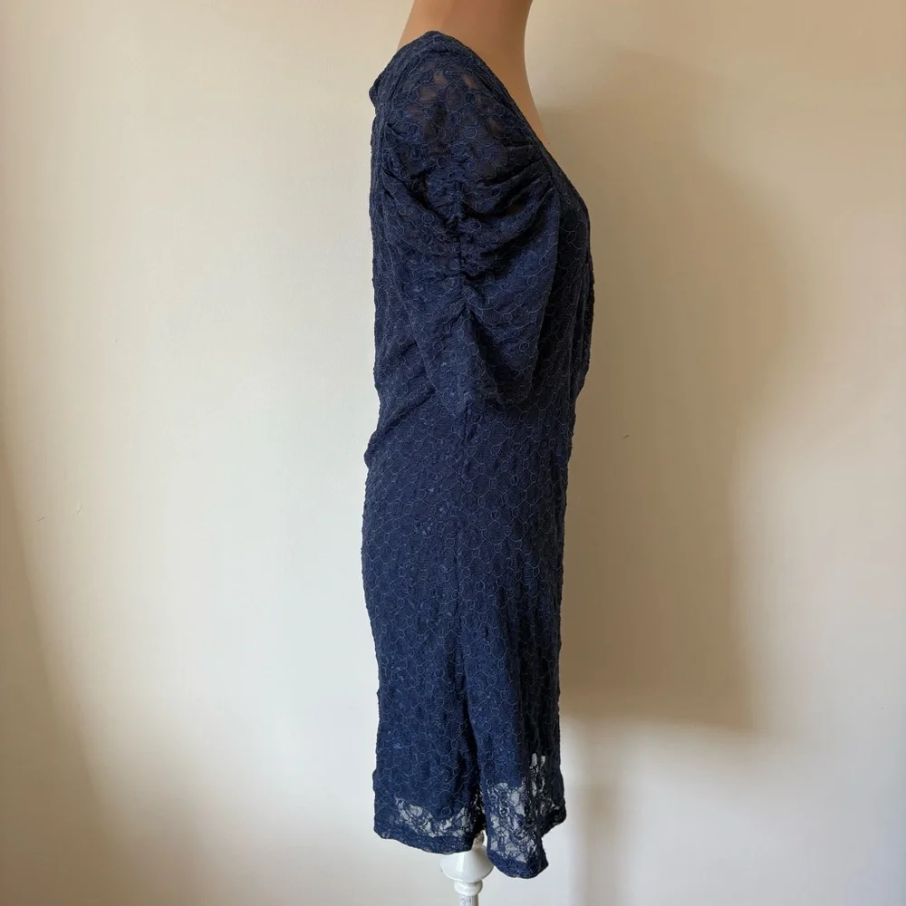 Free People Blue Lace Short Puff Sleeve Scoop Neck Mini Dress EUC Size Medium